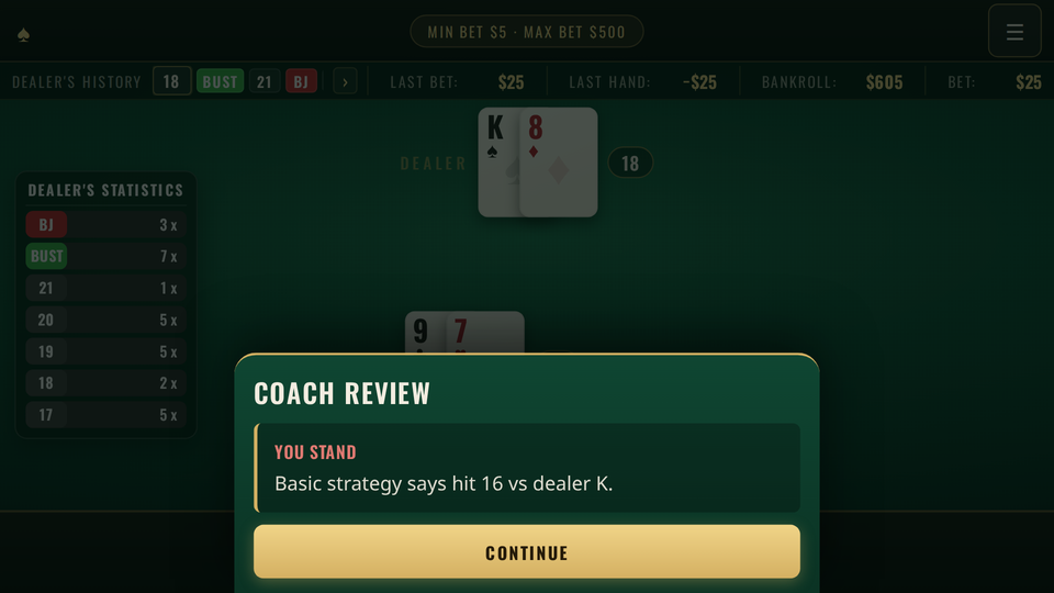 Coach Review panel over the table after you stood on 9 and 7 against a dealer king: you stand — basic strategy says hit 16 vs dealer K.